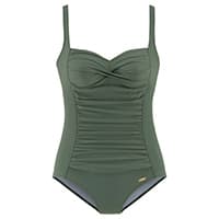 Olivegrüner Badeanzug mit verstellbaren Trägern und Raffung vorne.