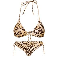 Leopardenmuster-Bikini mit Triangel-Oberteil und seitlich gebundenen Höschen.
