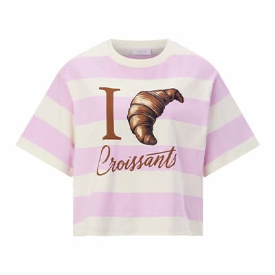I Croissants – kurzärmliges T-Shirt mit breiten rosa-weißen Streifen und großem Croissant-Motiv auf der Vorderseite