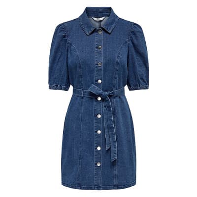 Kurzärmeliges Jeanskleid mit Kragen, Knopfleiste vorn und Bindegürtel in der Taille