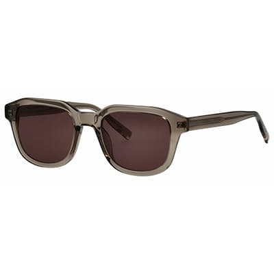 Eckige Sonnenbrille mit transparentem Rahmen und dunklen Gläsern in seitlicher Ansicht