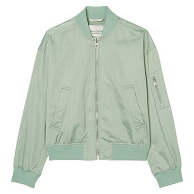Mintgrüne Bomberjacke mit Reißverschluss, Bündchen an Saum und Ärmeln sowie Reißverschlusstasche am linken Ärmel