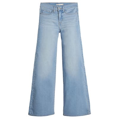 Hellblaue Jeans mit hohem Bund und weitem Bein, frontal vor weißem Hintergrund gezeigt
