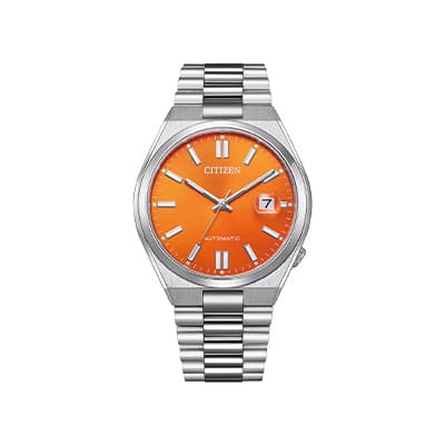 Herrenuhr mit orangefarbenem Zifferblatt, silberfarbenem Armband und Datumsanzeige bei drei Uhr