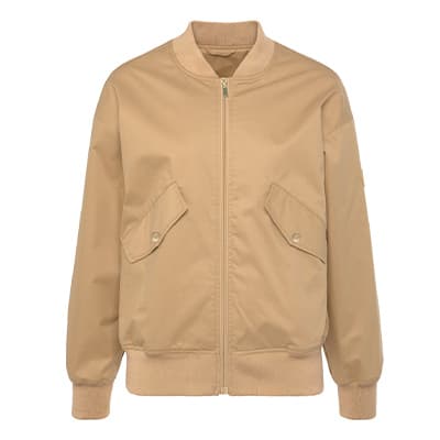 Beige Bomberjacke mit Reißverschluss, Stehkragen und zwei großen Klappentaschen vorne