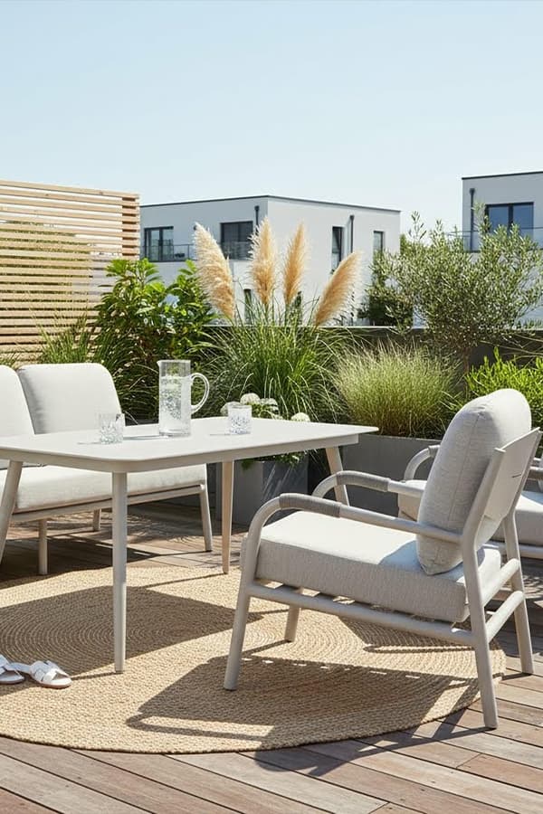 Terrasse mit hellen Lounge-Sesseln und Tisch, Wasserkaraffe und Gläsern, umgeben von hohen Gräsern und Stadtblick