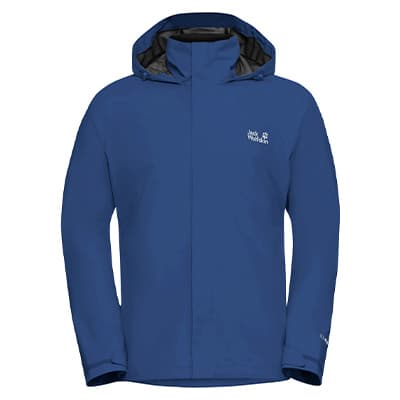 Blaue Jacke mit Kapuze, Reißverschluss vorn und kleinem Logo auf der Brust