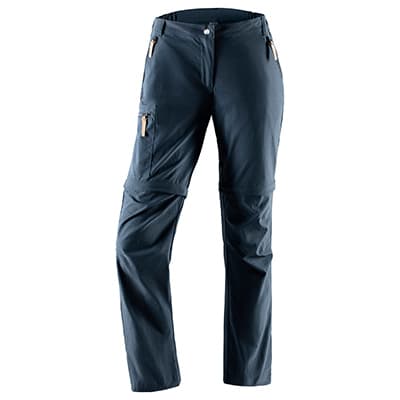 Dunkelblaue Outdoorhose mit abnehmbaren Beinen, geradem Schnitt und mehreren Reißverschlusstaschen vorne