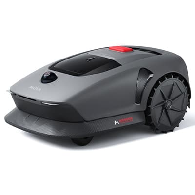 Grauer Mähroboter mit großem Hinterrad und roter Taste auf der Oberseite vor weißem Hintergrund