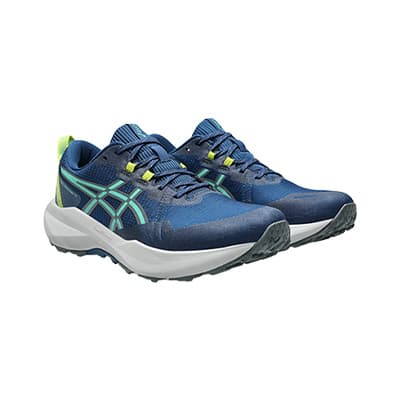 Blaue Laufschuhe mit heller Sohle und seitlichen Streifen, schräg von vorn als Paar gezeigt