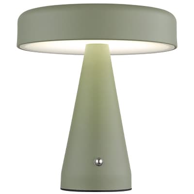 Kegelförmige Tischlampe in hellem Grün mit breitem, rundem Lampenschirm und leuchtender Unterseite