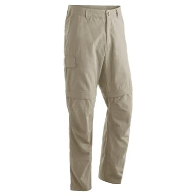 Beige Outdoorhose mit abnehmbaren Hosenbeinen und seitlicher Beintasche, freigestellt vor weißem Hintergrund