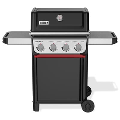 Schwarzer Weber Spirit Gasgrill mit vier Drehknöpfen, Deckelthermometer und zwei seitlichen Ablageflächen