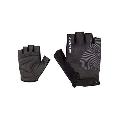 Schwarze fingerlose Fahrradhandschuhe, Oberseite mit Wellenmuster und Ziener-Schriftzug, Innenflächen mit Polsterung