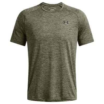 Olivgrünes kurzärmeliges Sportshirt mit rundem Ausschnitt und kleinem Logo auf der Brust, frontal freigestellt