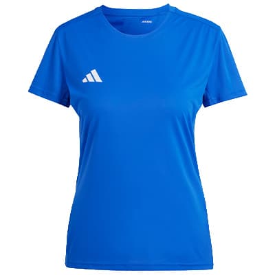 Blaues kurzärmeliges Damen-T-Shirt mit rundem Ausschnitt und kleinem weißen Logo auf der Brust