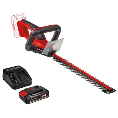 Akku-Heckenschere in Rot mit langem Schneidmesser, daneben separates Ladegerät und Akku