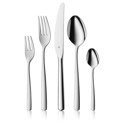 Besteckset mit Gabel, Messer, Löffel, Kuchengabel und Teelöffel in moderner, schlichter Form nebeneinander angeordnet