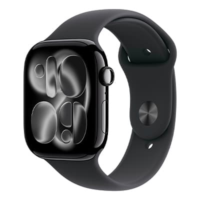 Schwarze Smartwatch mit abgerundetem Display und dunklem Armband, seitlich schräg nach links ausgerichtet