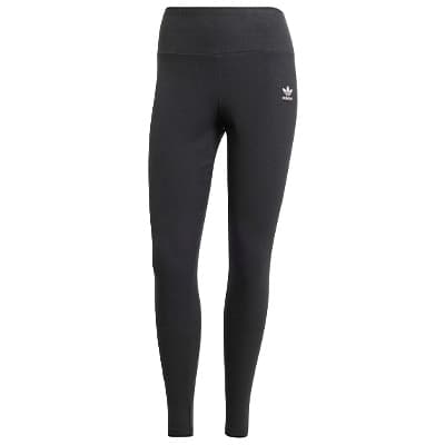 Schwarze, eng anliegende Leggings mit hohem Bund und kleinem Adidas-Logo vorne am Oberschenkel