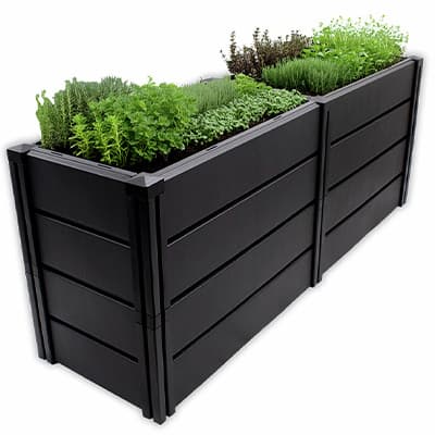 Langes rechteckiges Hochbeet in dunkler Farbe, dicht bepflanzt mit verschiedenen Kräutern in mehreren Reihen