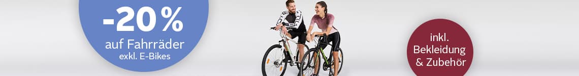-20 % auf Fahrräder, exkl. E-Bikes, inkl. Bekleidung und Zubehör – zwei Personen fahren nebeneinander auf Fahrrädern