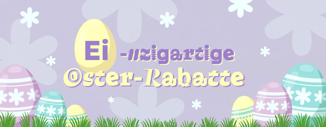 Ei-nzigartige Oster-Rabatte – bunte Ostereier im Gras vor lila Hintergrund mit Blumenornamenten