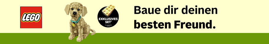 Baue dir deinen besten Freund – LEGO-Set eines Hundes mit Halsband, LEGO-Logo und exklusives Set-Symbol