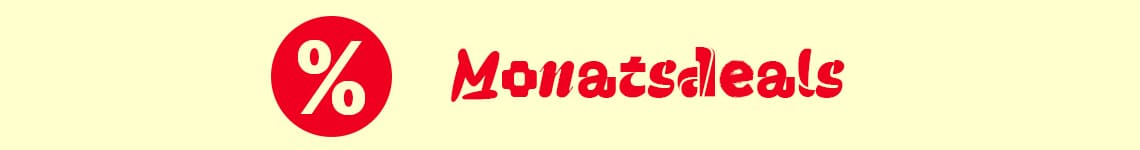 Monatsdeals – Nur solange der Vorrat reicht, rotes Prozentzeichen auf beigem Hintergrund