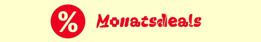 Monatsdeals – rotes Prozentzeichen in rundem Kreis links neben dem Schriftzug