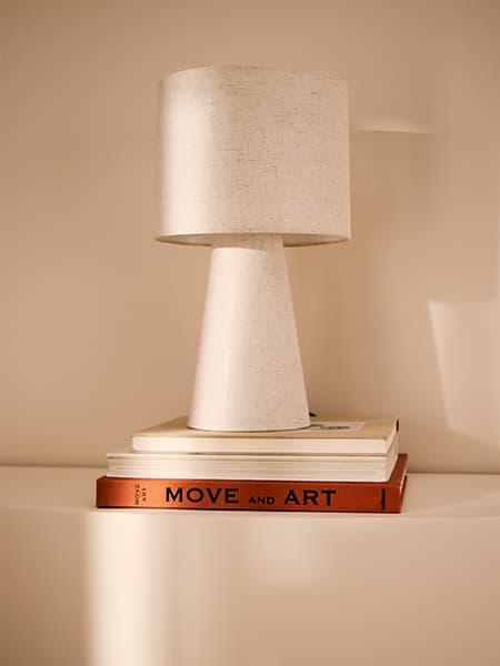 Buch mit Aufschrift MOVE AND ART, darauf zwei weitere Bücher und eine helle Tischlampe vor beiger Wand
