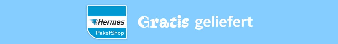 Gratis geliefert – Hermes PaketShop Logo auf hellblauem Hintergrund