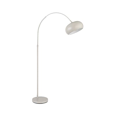Bogenförmige Stehleuchte in hellem Farbton mit rundem Fuß und nach unten geneigtem Lampenschirm