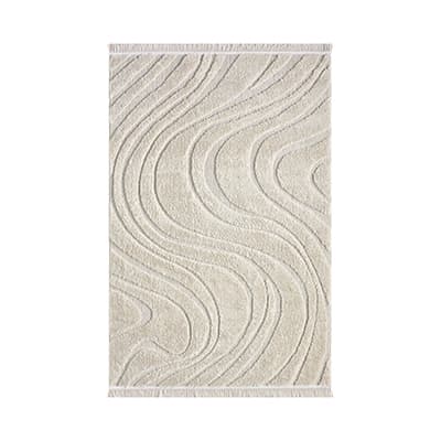 Heller Teppich mit eingeprägtem Wellenmuster und kurzen Fransen an beiden Schmalseiten