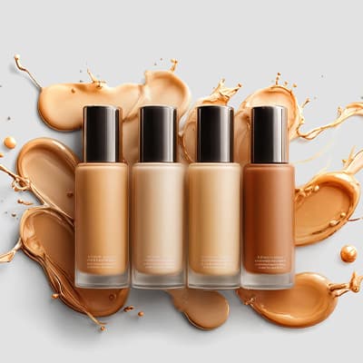 Vier Foundationflaschen in verschiedenen Hauttönen vor gesprenkeltem Hintergrund aus flüssiger Foundation