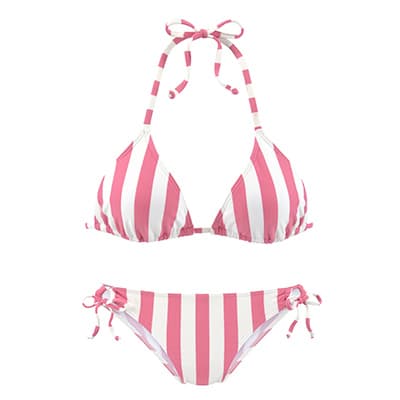 Rosa-weiß gestreifter Bikini mit Triangel-Oberteil zum Binden und passender Hose mit seitlichen Schleifen