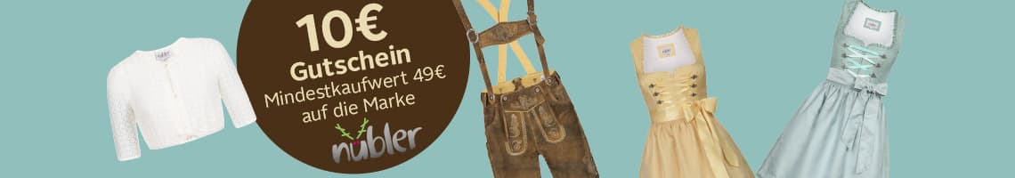 10€ Gutschein ab 49€ auf die Marke Nübler – Trachtenjacke, Lederhose und zwei Dirndl auf türkisfarbenem Hintergrund