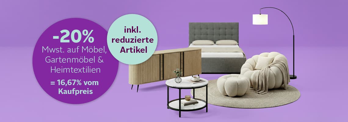 -20 % Mwst. auf Möbel, Gartenmöbel & Heimtextilien – Schlafzimmer mit Bett, Sessel, Sideboard, Couchtischen und Stehlampe