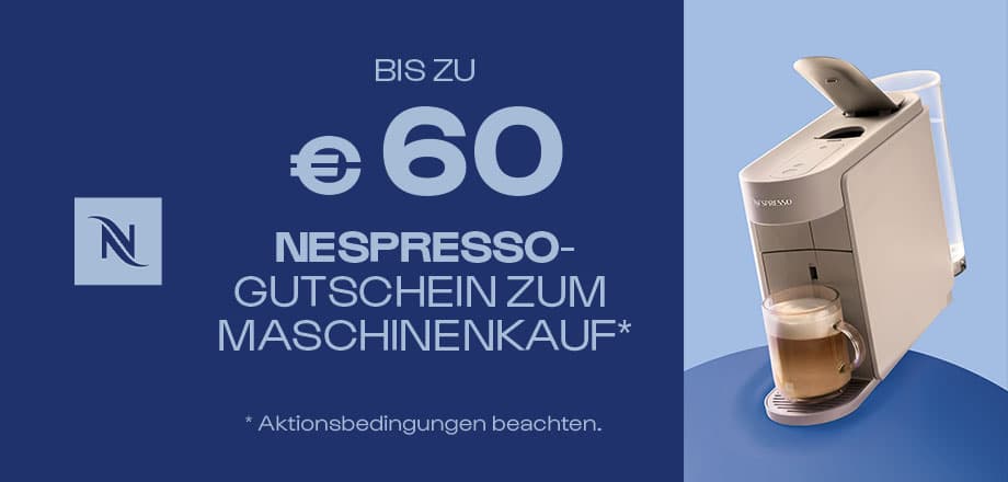 Bis zu 60 € Nespresso-Gutschein zum Maschinenkauf – helle Nespresso-Maschine mit Glas Kaffee auf blauem Hintergrund