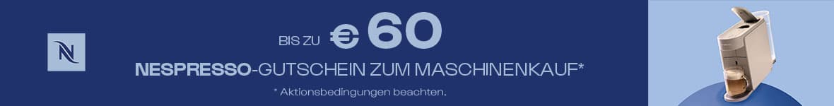 Bis zu 60 € Nespresso-Gutschein zum Maschinenkauf – helle Nespresso-Maschine mit gefüllter Tasse auf blauem Hintergrund