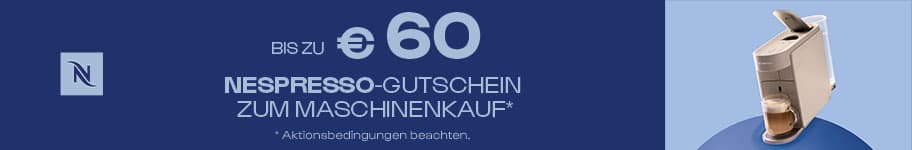Bis zu 60 € Nespresso-Gutschein zum Maschinenkauf – rechts Kaffeemaschine mit Glas Kaffee auf blauem Hintergrund