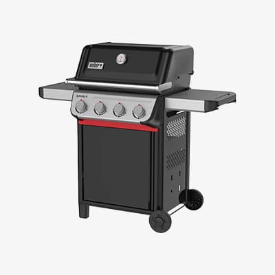 Schwarzer Gasgrill mit Deckelthermometer, vier Drehknöpfen und seitlichen Ablagen auf Rollen