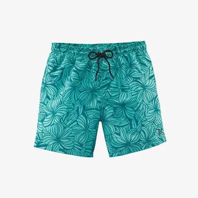Herren-Badeshorts in leuchtendem Blau mit weißem tropischem Blattmuster, frontal vor hellem Hintergrund gezeigt