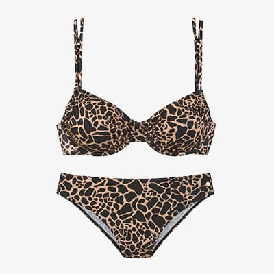 Bikini mit braun-schwarzem Tiermuster, bestehend aus Bügeloberteil mit Trägern und passendem Slip