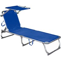 Blaue Strandliege mit verstellbarer Rückenlehne und Sonnendach, seitlich klappbare Beine sichtbar