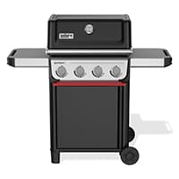 Schwarzer Standgrill mit vier Drehknöpfen, Deckelthermometer und zwei seitlichen Ablageflächen auf Rollen
