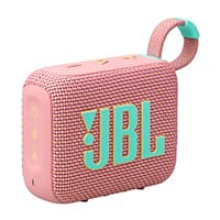 Rosa JBL Bluetooth-Lautsprecher im Querformat mit Trageschlaufe und großem JBL-Logo auf der Vorderseite