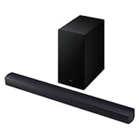 Schwarze Soundbar mit passendem Subwoofer, beide in schlichtem, eckigem Design vor weißem Hintergrund
