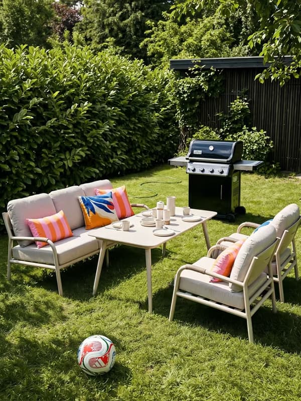 Garten mit Lounge-Sitzgruppe und bunten Kissen, gedecktem Tisch, Grill im Hintergrund und Fußball im Gras