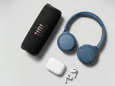 Schwarzer JBL-Lautsprecher, blaue Sony-Kopfhörer und weiße kabellose In-Ear-Ohrhörer mit Ladecase auf hellem Hintergrund